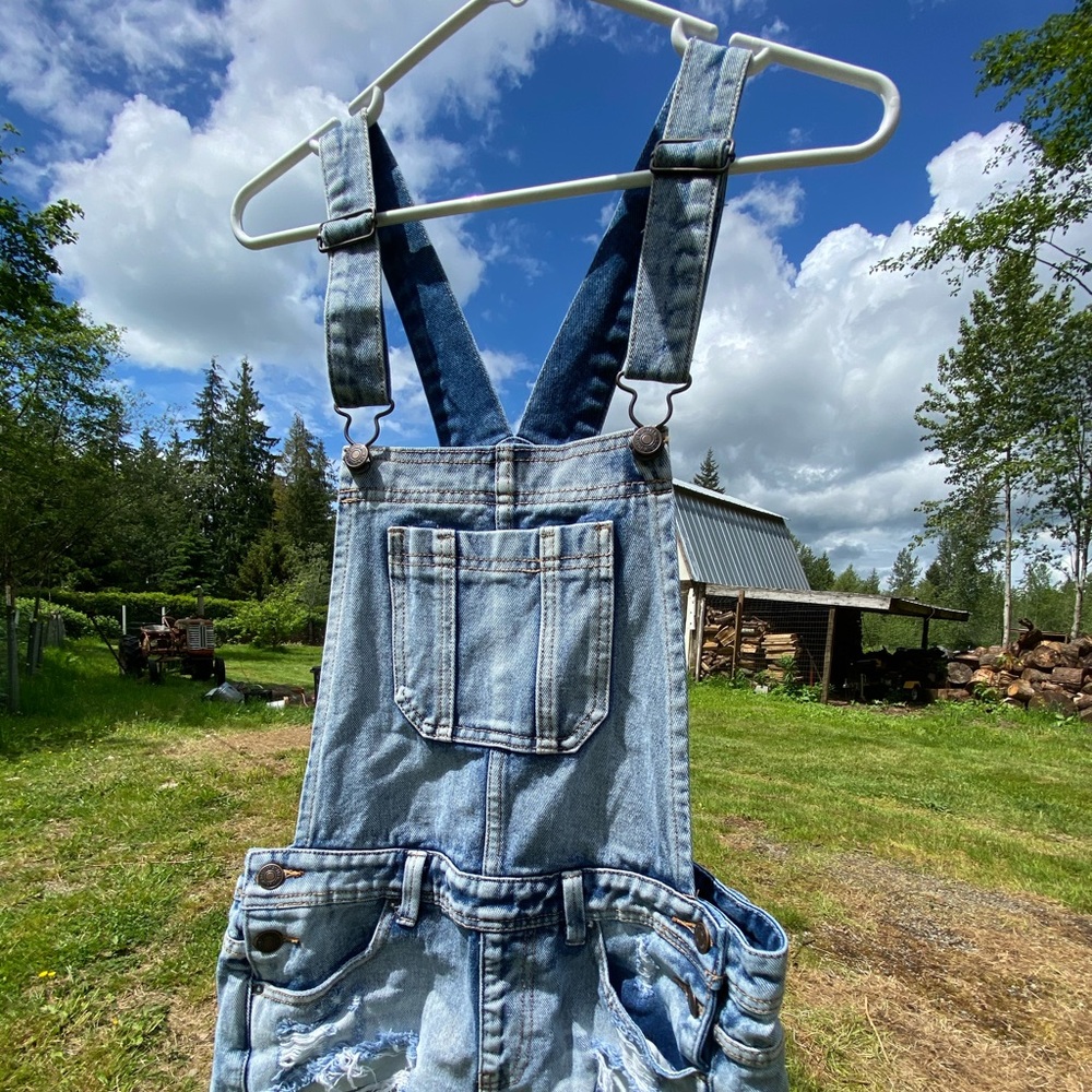 Distressed overall shorts